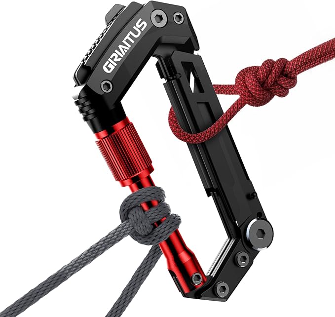 Carabiner Multitool with Pocket Knives, EDC Carabiners, Serrated Knife, Rope Cutter, Screwdriver, Can Bottle Opener, Ruler, Keychain Knife for Camping Hiking, Gifts for Women (Red)