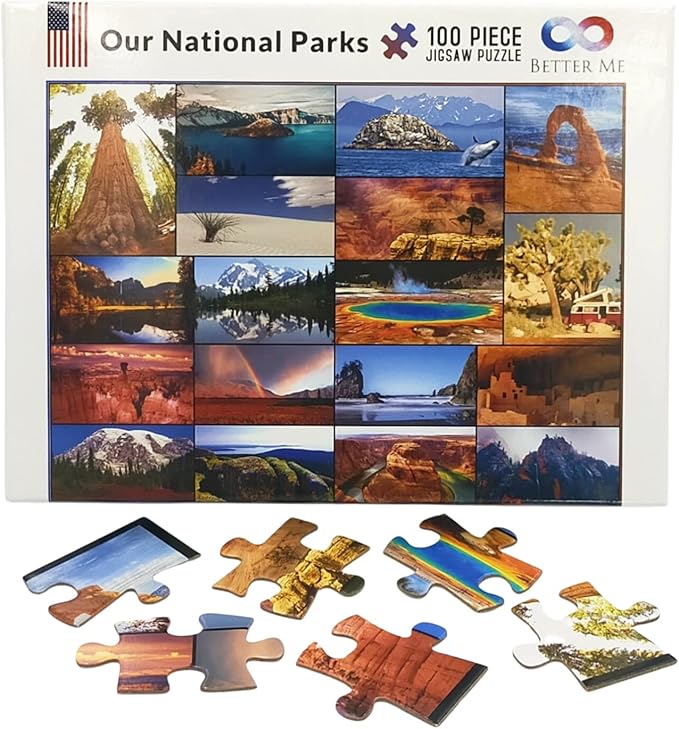 Our National Parks 100-Piece Jigsaw Puzzle - USA National Park Puzzles for Kids, Featuring Acadia, Yellowstone, Zion, Arches, Crater Lake, Mount Rainier & More (100 Pieces)