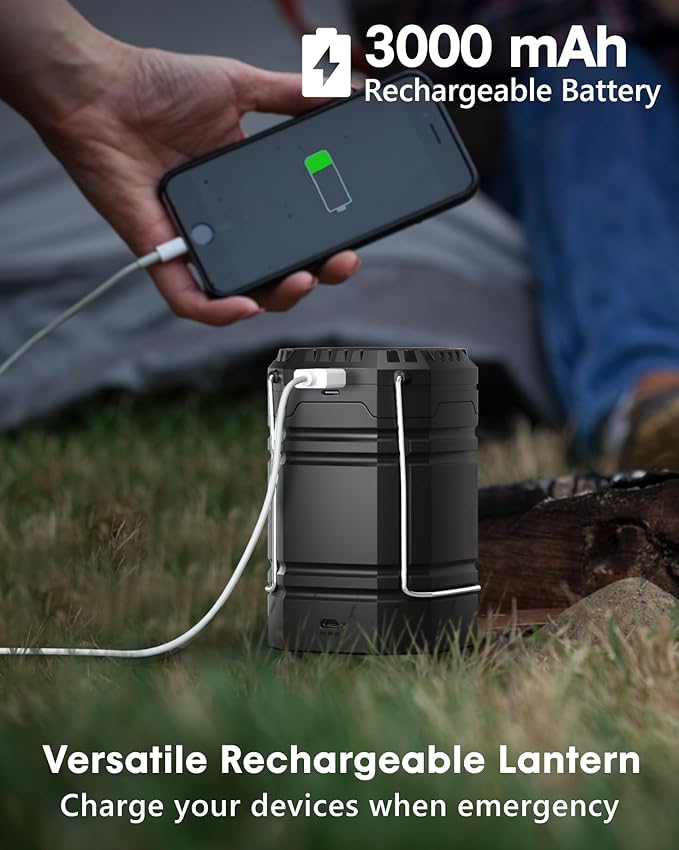 3000mAh Rechargeable Camping Lantern – Solar Powered, Hand Crank, USB-C Charging, Super Bright LED Flashlight & Tent Light, Portable Power Bank for Hurricane, Power Outages, Survival Kit