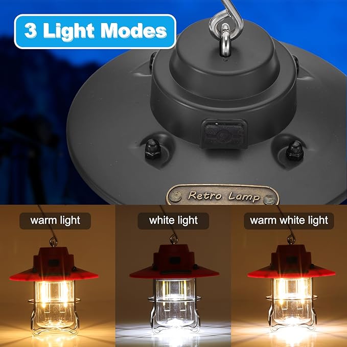 PATIKIL LED Camping Lantern, 2 Pack Vintage Rechargeable Lantern 3 Light Modes Portable Hanging Outdoor Tent Light for Camping, Hiking, Fishing, Black 3.66 Inch