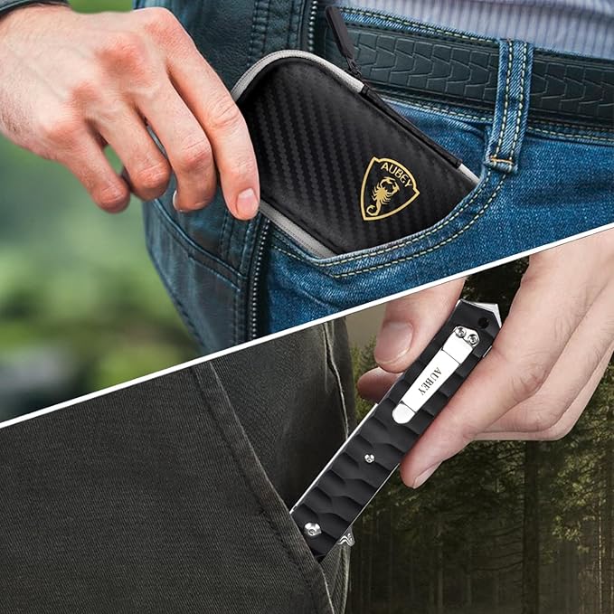 AUBEY Damascus Pocket Knife with Clip, Tanto Blade Damascus Steel Folding Knives for Men Tactical, Aluminum Handle with Glass Breaker for EDC Camping Gift