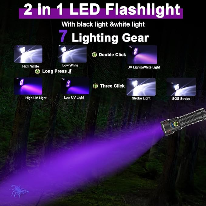 2-in-1 Powerful UV Flashlight & High Lumens Tactical Light, 7 Modes Rechargeable, 18H Runtime, IPX5 Waterproof for Pet Urine Detection, Curing Resin, Outdoor Emergencies, Scorpion Hunting 2 Packs