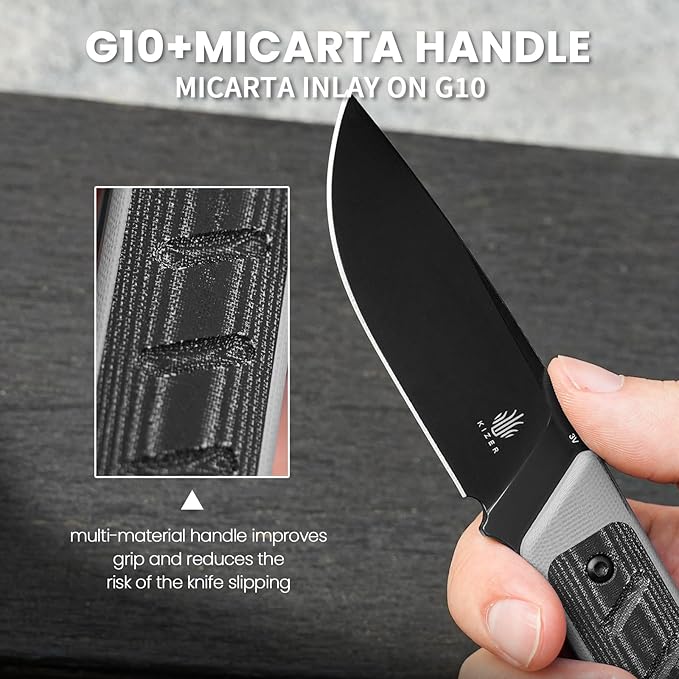 Kizer Smolt Fixed Blade Knife, 2.93 In Drop Point Blade Fixed-blade Knives with Sheath, 3V Steel and G10+Micarta Handle Fixed Blade Utility Knife for Men Women Outdoor Survival EDC, 1063A1
