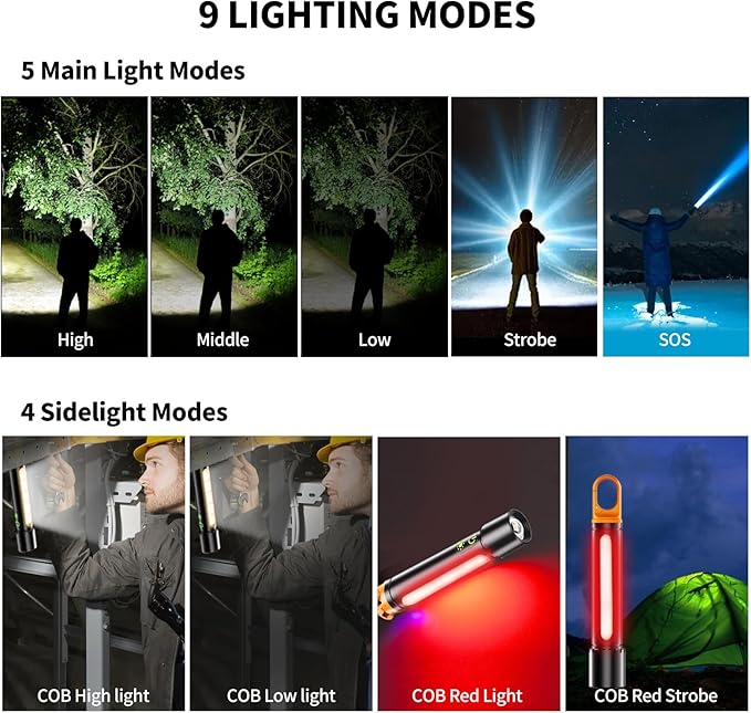 Rechargeable Magnetic Flashlights, LED High Lumens Flashlight Super Bright with 9 Modes, Waterproof Flashlight with Flashing Mode, Camping Essentials for Kids, Men, Women, Hiking & Outdoor Use
