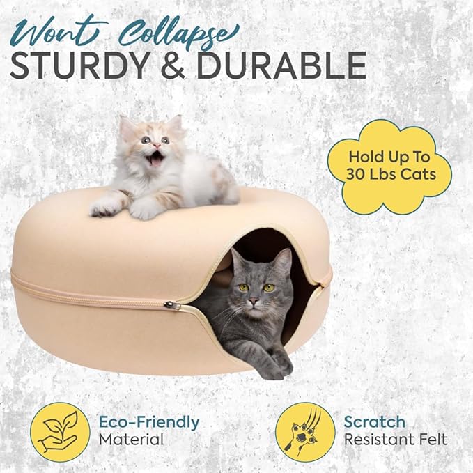 Laluz 2021 Large Cat Tunnel Bed for Indoor Cats Up to 30 Lbs Peekaboo Donut Cave with Catnip and Plush Toys Scratch Resistant Felt Design Detachable and Washable Cat Tunnel (Beige, L)