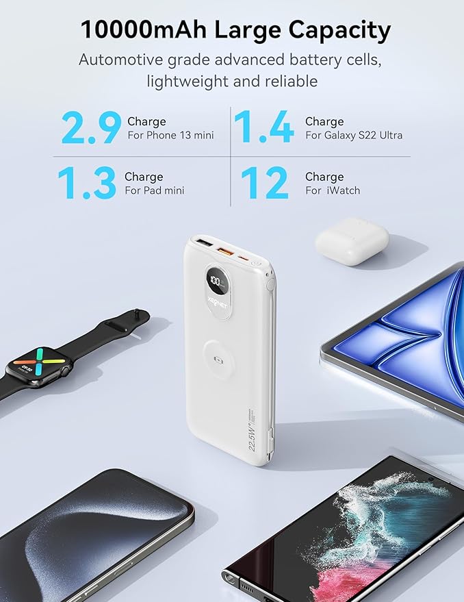 Portable Charger, 10000mAh 22.5W USB C Power Bank Built in Cables, AC Wall Plug and Led Display, External Battery Pack Fast Charging, Travel Essentials for iPhone, Android Cell Phone, Tablet, iWatch