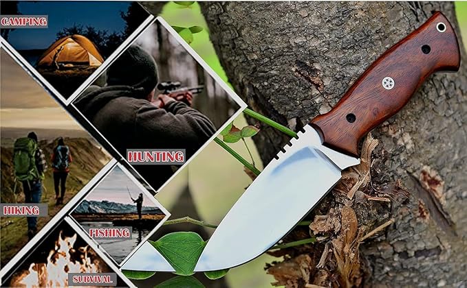 Fixed Blade Tracker Knife - 9.6 Inch Stainless Steel Razor Sharp Blade Full Tang Bushcraft Knife with Premium Leather Sheath. Ideal For Hunting, Outdoor Camping, Hiking, Skiing