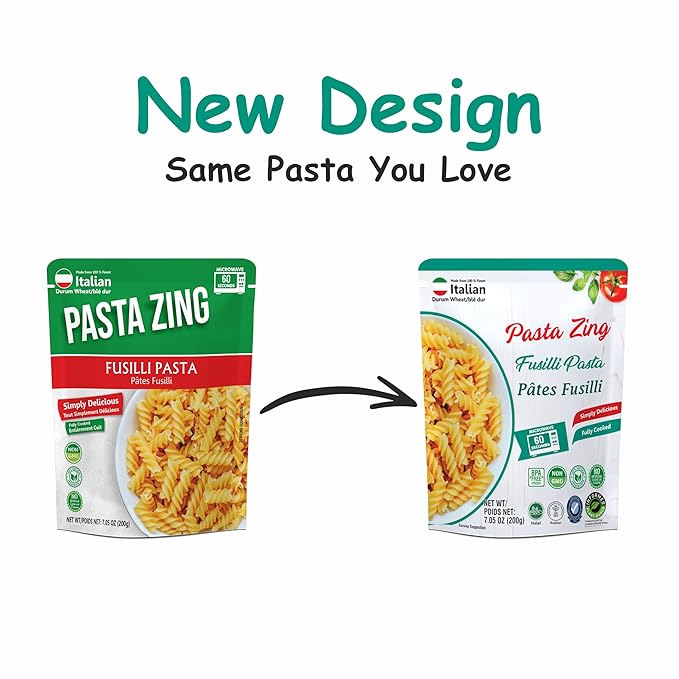 Pasta Zing Fusilli Pasta – Fully Cooked Spiral Pasta, Microwaveable in 60 Seconds, Made with 100% Italian Durum Wheat, Non-GMO, Halal & Kosher Certified, No Preservatives – 7.05 oz (Pack of 7)
