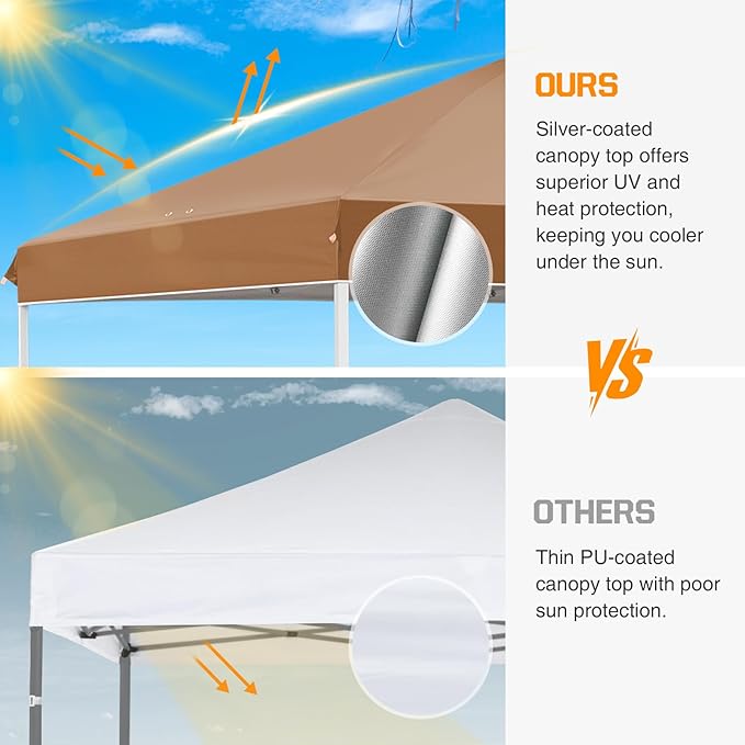 EAGLE PEAK Pop Up Canopy Tent with Wheeled Carry Bag, 8 Stakes, 4 Ropes, 4 Weight Bags, Easy Set Up Tent Canopy, 10x10 ft, 100sqft of Shade, Khaki