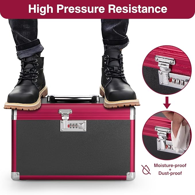 Medicine Lock Box with Combination Lock - 10 x 6 x 6.7 Inches - First Aid Safe Medication Storage Box, Medications and Personal Items, Safe Boxes for Home and Outdoor - Black Red 【No strap】