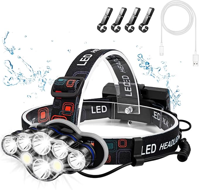 Rechargeable Headlamp, 8 LED 18000 Lumen Super Bright Waterproof Headlight with Red Lights, 8 Light Modes Head Lamp for Emergency Light Outdoors Fishing Hiking Camping Running (1, Black)