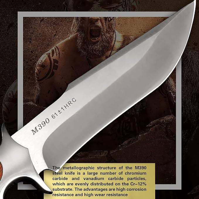 M390 Steel Handmade Hunting Knife, Fixed Blade Full-Tang with Leather Sheath, Red Wood Non-Slip Handle - Survival, Tactical, Camping knives