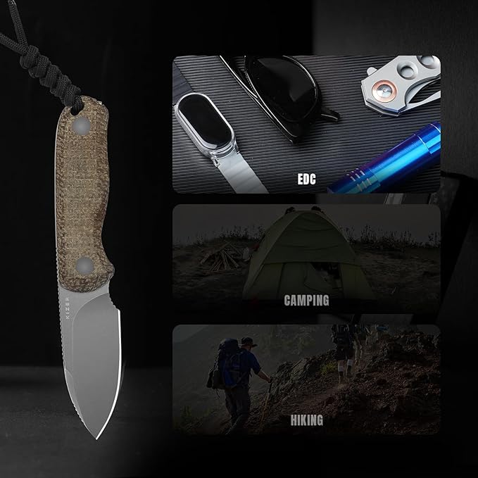 Kizer Drop Bear Fixed Blade Knife, 2.57" Gray Stonewash 14C28N Blade EDC Camping Knife with Brown Burlap Micarta Handle & Hidden Tools, Full Tang Hunting Knives with Adjustable Kydex Sheath, 1094A1