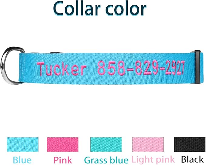 FlowerTown Personalized Dog Collar with Embroidered Name and Phone Number, Custom Dog ID Collars 4 Adjustable Sizes with Safety Release Buckle and D-Ring (Normal), Blue