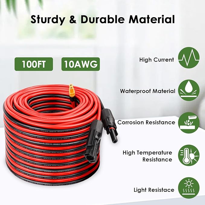 Solar to XT60 Extension Cable 10AWG 100FT Solar Connector to XT60 Adapter Cable for Solar Panel to Portable Power Station Solar Generator Battery Pack