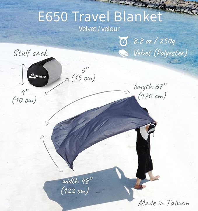 Travel Blanket Lightweight and Breathable, 67 x 48 in Soft Airplane Flight Blanket for Travelers, Foldable Camping Sheet with Stuff Sack for Train, Camp, backpacking, office, home (Velvet E650)