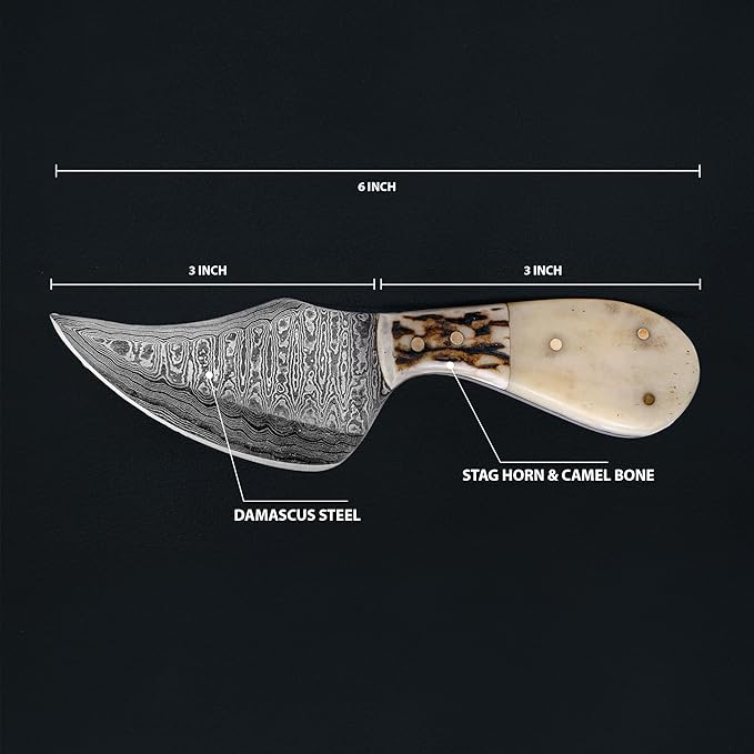 Titan International Knives Damascus EDC Skinning Fixed Blade Knife | Handmade 1095 4340 Carbon Mix Hand Pounded | Stag Horn & Camel Bone Grip for Hunting with Sheath