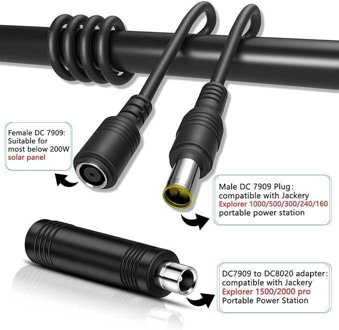 DC8mm Extension Cable with DC7909 to DC8020 Adapter connectors, 30Ft Jackery Extension Cable, fit for Most Below 200W Solar Panel and Jackery Explorer 2000/1500/1000/500/240 Portable Power Station