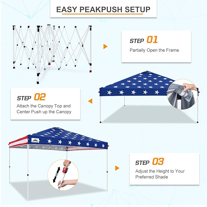 EAGLE PEAK Pop Up Canopy Tent with Wheeled Carry Bag, 8 Stakes, 4 Ropes, 4 Weight Bags, Easy Set Up Tent Canopy, 12x12 ft, 144sqft of Shade, American Flag