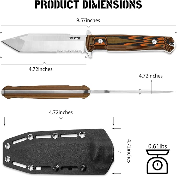 Dispatch Full Tang Fixed Blade Knife with Kydex Sheath, 4.72" 8cr13mov Steel Tanto Serrated Blade Tactical Survival Knife, G10 Handle for Outdoor Camping Hunting Hiking knives