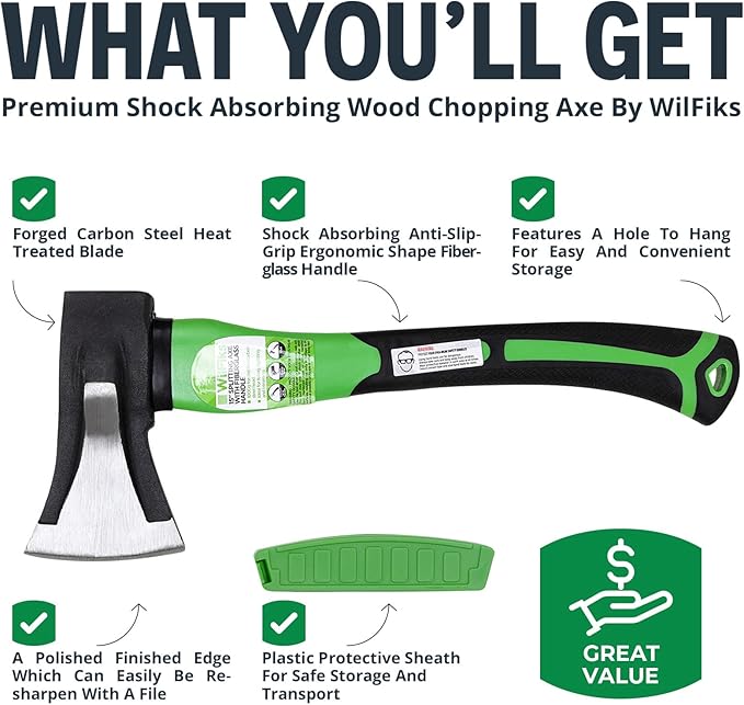 WilFiks Splitting Axe, 15??Camping Hatchet for Chopping and Kindling Wood and Branches, Forged Carbon Steel Hand Maul Tool for Gardening, Fiberglass Shock Reduction Handle with Anti-Slip Grip
