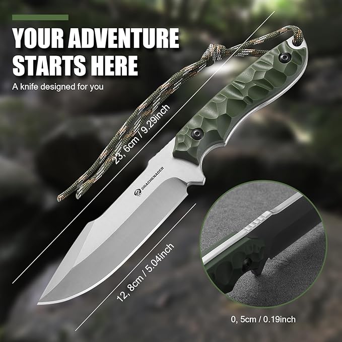 Tactical Knife Fixed Blade (B-ER-DROP POINT), 5.04" 5Cr14MoV Steel Blade Bushcraft knife with ABS handle, Full Tang Survival Knife, Gifts for men, (Green)