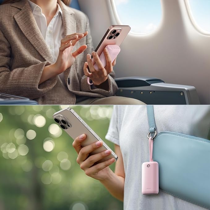 iWALK Mini Portable Charger 10,000mAh, 22.5W USB-C Fast Charging Power Bank with Built-in Cable, Travel Essential Ultra-Small Battery Pack Compatible for iPhone 17/16/16 Pro/15, Samsung, Google, Pink