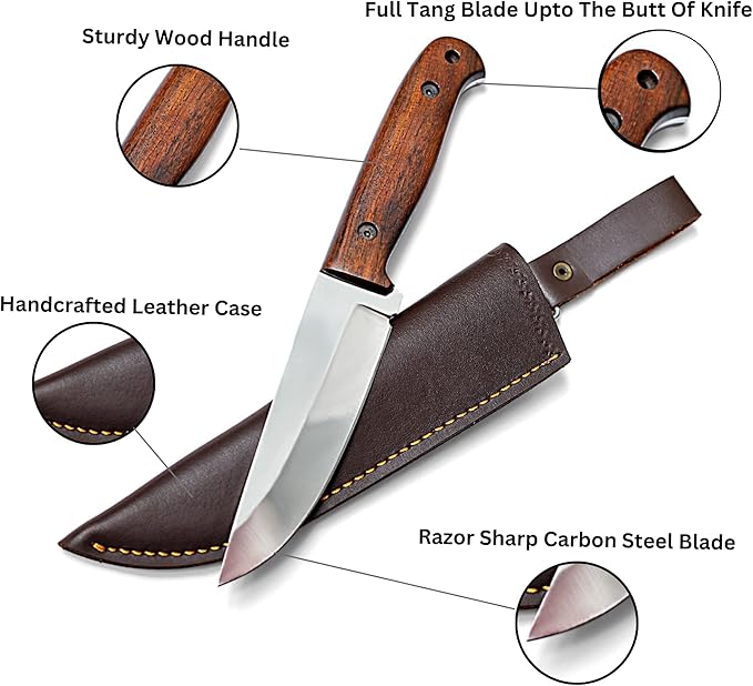Handmade Bushcraft knife With Leather Sheath | Hunting Knife | Carbon Steel Knife for Hunters | Outdoor Knife With Wood Handle | 10 Inches Full Tang Survival Knife - Camping Knives | HUNT-08