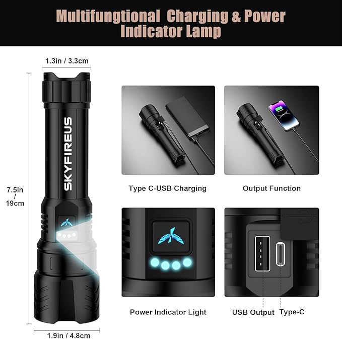 SKYFIRE LED Flashlight High Lumens,2000lm Super Bright Rechargeable Flashlight,Zoomable,Four Modes,Waterproof Flash Light for Camping Essentials,Outdoor and Home Emergencies&Gifts-No Lens