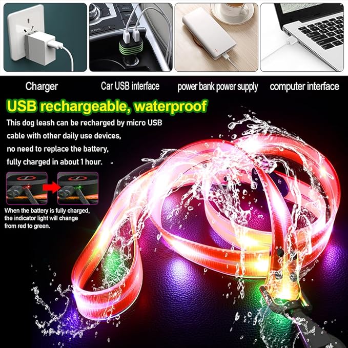 LED Waterproof Pet Dog Leash USB Rechargeable Fashionable Color Glow in The Dark Night Walk Safety Dog Leash for Medium to Large Dogs