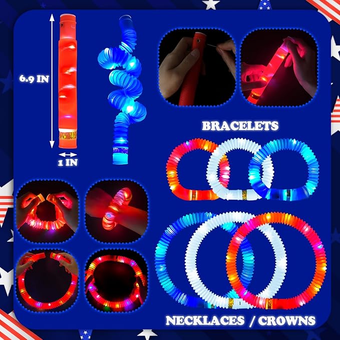 Red White Blue Glow Sticks 12 PCS, American Usa Flag Accessories Light up Bracelets Necklaces for Kids, Patriotic Decorations Party Favors Supplies Stuff Parade Camping Glow Toys Gifts for Toddlers