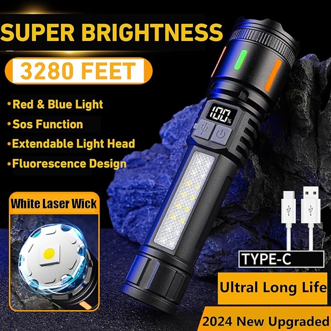 ailight Flashlights High Lumens Rechargeable, High Lumens Super Bright Flashlight with LCD Digital Display, Zoom, 5 Modes, IPX6 Waterproof, Powerful Tactical Flashlight for Emergencies, Camping