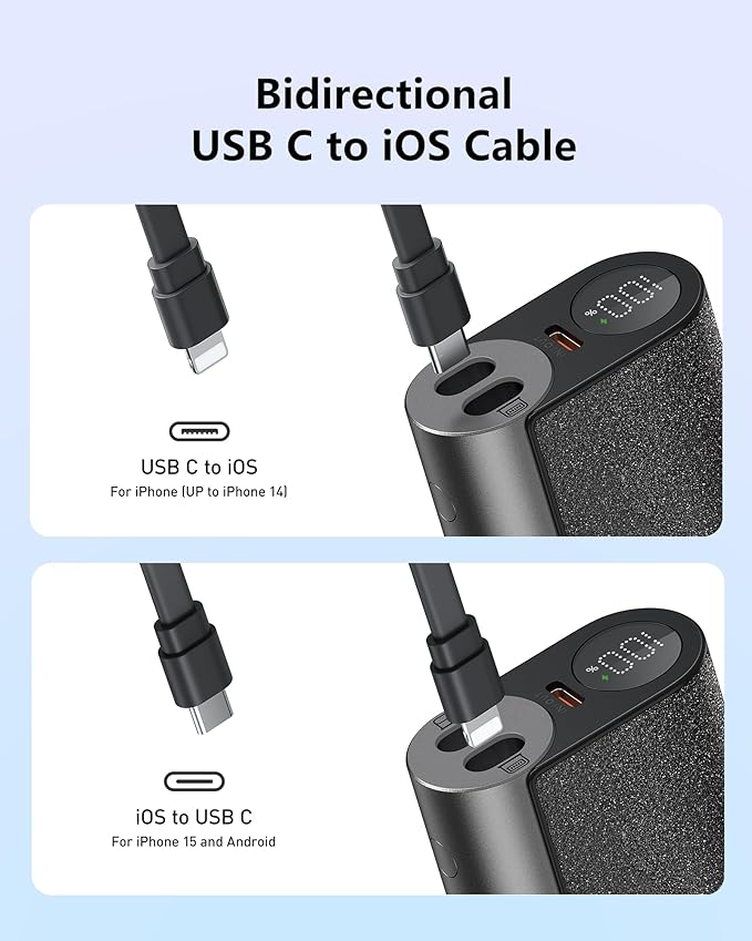 VEGER Compact Portable Charger with Built in Cable(Removable), 10000mAh Cute Power Bank 20W Fast Charging, Sparkling Battery Pack Fashion Travel Accessory Compatible with iPhone 15/14, Android-Black