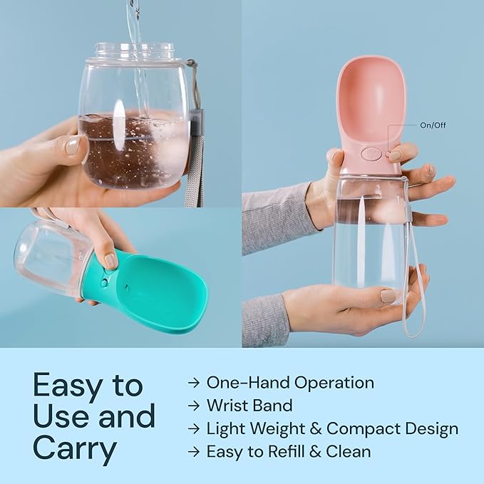 MalsiPree Dog Water Bottle Dispenser - 12 oz Blue - Leak-Proof Lock & One-Hand Operation - Dog Water Bowl Dispenser - Pet Travel Bottle with Built-in Bowl