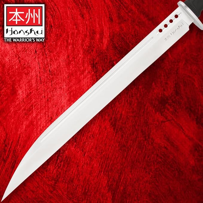 Honshu Boshin Seax Knife | 19 3/8" Full-Tang Stainless Steel Blade | Textured TPR Handle | Premium Leather Sheath with Paracord Lanyard | Modern Tactical Seax Design | 25 3/4" Overall Length