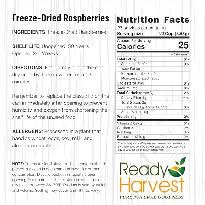 Ready Harvest Freeze Dried Food - Raspberries | Emergency Snacks | Long-Term Storage | #10 Can | 30-Year Shelf Life | Cans Filled to the Top