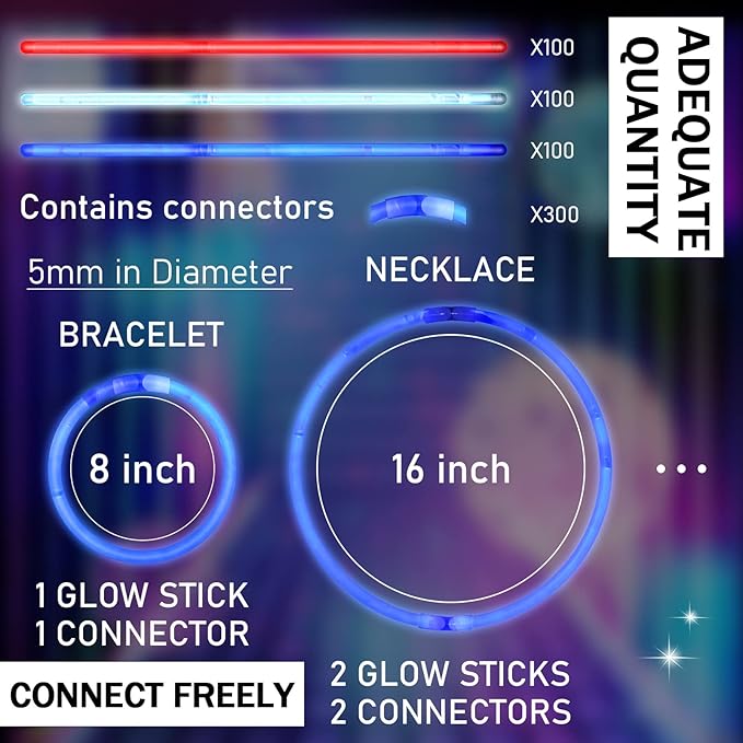 Hanaive 300 Pcs Glow Sticks Bulk 8 Inch Glow in The Dark Party Favors Neon Bracelets and Necklaces Light up Sticks with Connectors for Holiday Birthday Party Supplies(Red, Blue and White)