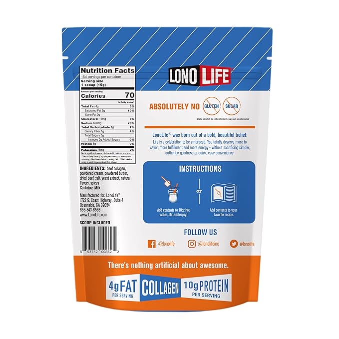 LonoLife Keto Beef Bone Broth Powder Mix | Grass-Fed, 10g Protein | Collagen-Rich, Keto & Paleo Friendly | Natural Ingredients | 8oz Bulk Container (15 Servings)