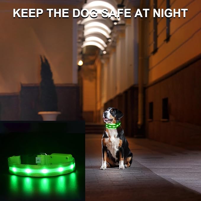 CHUKCHI LED Dog Collar Rechargeable,Waterproof Flashing Collar,Light Up Glow Collar, Adjustable Soft Safety Light Up for Small Medium Large Dogs Walking Camping at Night (Green-L)