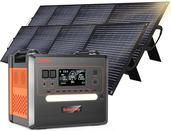 SolarPlay Portable Power Station 2500W(Peak5000W), 2304Wh Solar Generator with 2x200W Solar Panel 1.5Hrs Fast Charging BMS 4 AC Outlets Emergency Power for Home Backup, Camping, Outdoor Battery Backup