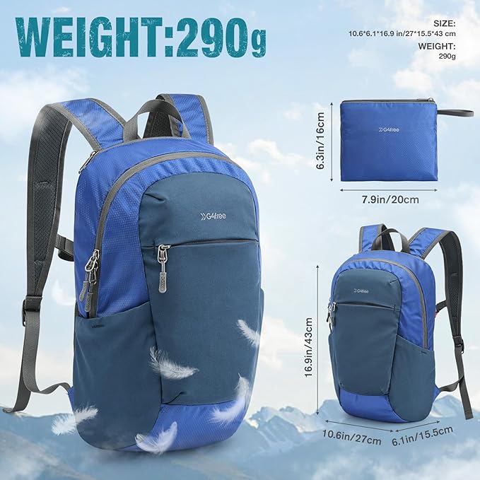 G4Free Packable Hiking Backpack 20L Lightweight Foldable Travel Daypack with Thickened Back Panel for Men Women(Blue)