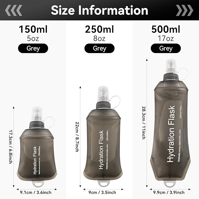 250ml Soft Flask, Soft Water Bottle for Hydration Packs, Running, Hiking, Cycling and Climbing - Gray