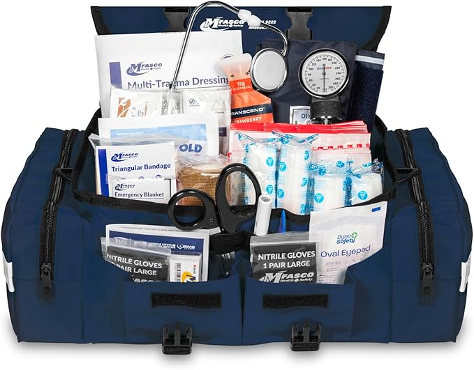 MFASCO First Aid Kit - Fully Stocked Portable Reflective Bag -First Responder Emergency Response Kit-for Natural Disaster Preparedness-Customizable Storage-Includes 415 Pcs First Aid Supplies- Blue