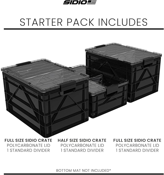 SIDIO CRATE Starter Pack - Two Full Size and One Half Size SidioCrate, Stackable Outdoor Organizer Storage Bins with Clear Lid and Dividers - Black