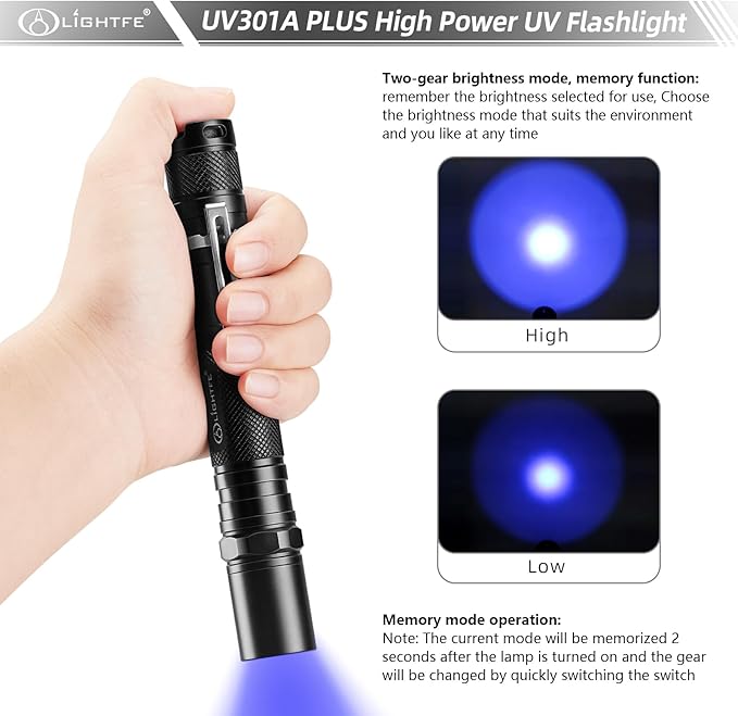 LIGHTFE Blacklight 395nm UV Flashlight UV301A-Plus with SSC UV LED, Pure Beam for UV Glue Curing Light, Rock and Mineral Fluorescent Glowing, Pet Urine Detector Light, AC Leak Detector