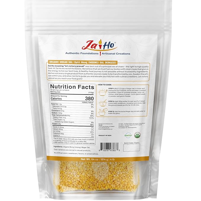 Jai Ho Certified Organic Kabuli Chana Garbanzo Beans 4 lb | Chickpeas Lentils | Indian Kabuli Chole Chana | USDA Organic | Non-GMO | Chemical-Free | Premium Quality Kosher (4 Pound, Moong Mogar Dal (W/O Skin))