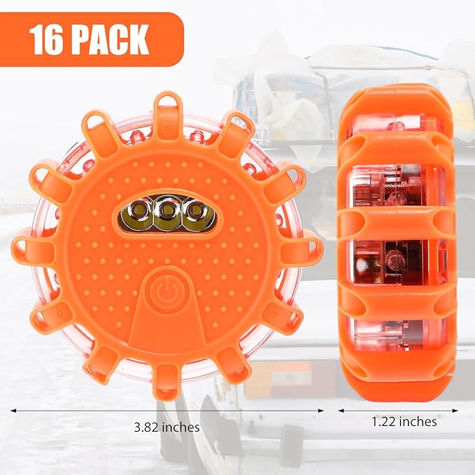 Tallew 16 Pack LED Road Emergency Roadside Lights Flashing Safety Warning Kit Beacon Magnet Hook Vehicle Boat Truck Disc Magnetic Flash Cars Security Driveway Automotive Strobe