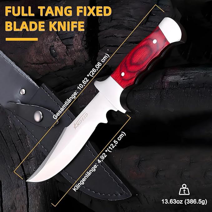 UMF Fixed Blade Knives with Sheath large Hunting Knife Full Tang Bushcraft Knives Skinning Knife Deer Hunting Knives, Big Camping Outdoor (b-red)