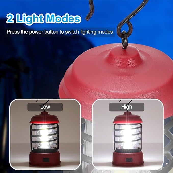 PATIKIL LED Camping Lantern, 2 Pack Vintage Lantern 2 Light Modes Portable Battery Powered Hanging Outdoor Tent Light for Camping, Hiking, Fishing, Red 5.91 Inch