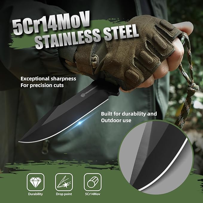 Fixed Blade Knife with Sheath, Tactical Knife for Men, Survival Knife with ABS Handle, Full Tang Design (Green-Black)